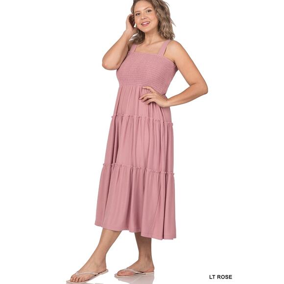 2X Zenana Smocked Tiered Midi Dress Lt Rose Pink Plus sized comfort brand new - Picture 1 of 16